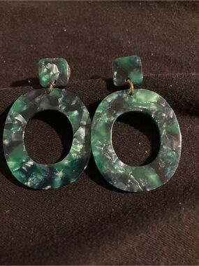 Green Marbled Resin Oval Hoop Drop Earrings - Women Jewelry